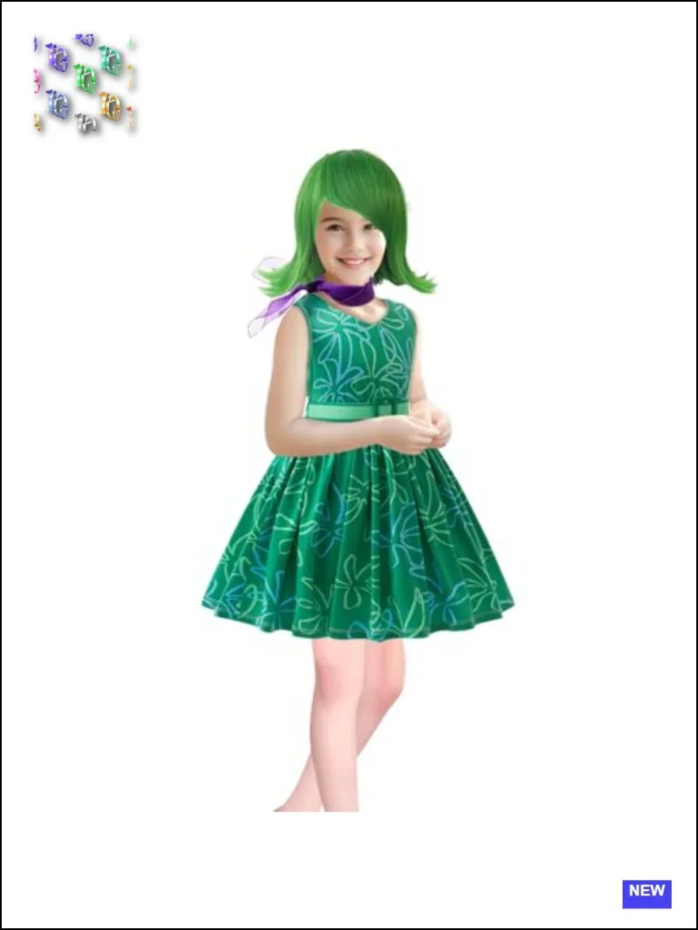 Girls Green Disgust Costume Kids Halloween Cosplay Dress 3-10Y with Wig